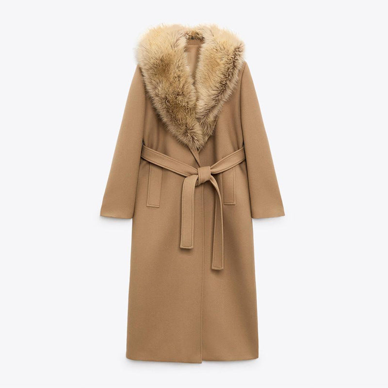 Women's Fur Collar Long Woolen Coat