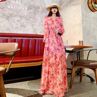 Floral V-neck Pure Desire Split Long Sleeve Dress