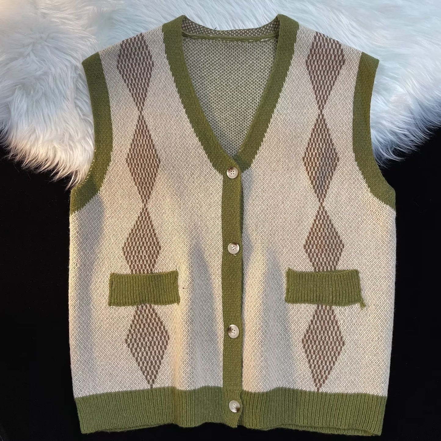 Rhombus V-neck Vest Sweater Cardigan for Men