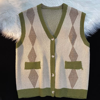 Rhombus V-neck Vest Sweater Cardigan for Men