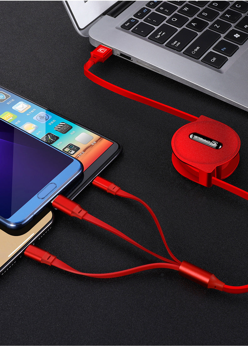 Telescopic three-in-one mobile phone charging cable, multi-function, multi-head.