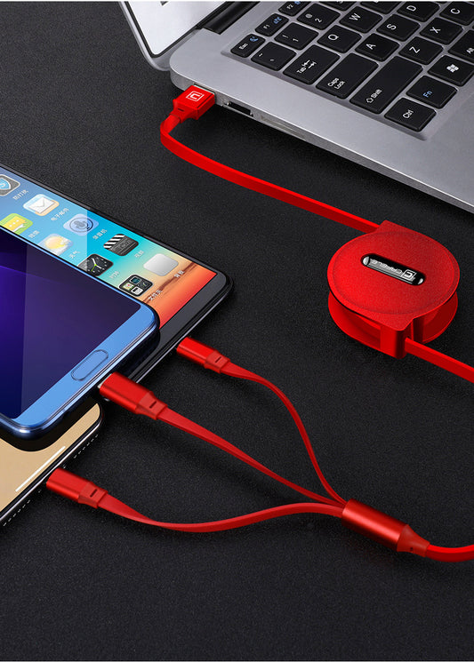 Telescopic three-in-one mobile phone charging cable, multi-function, multi-head.