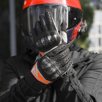 Motorcycle riding gloves made of carbon fiber.
