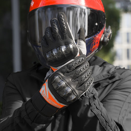 Motorcycle riding gloves made of carbon fiber.