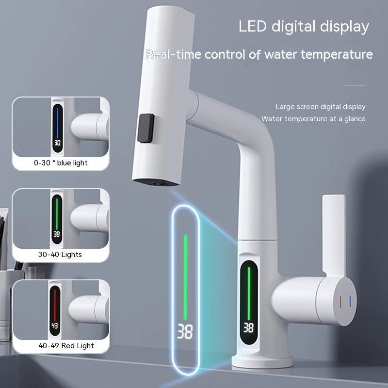 Smart digital display faucet, pull-out basin faucet, temperature digital display, rotation.