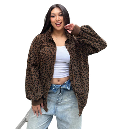 Women's Casual Leopard Print Corduroy Zip-up Long Sleeve Sweatshirt