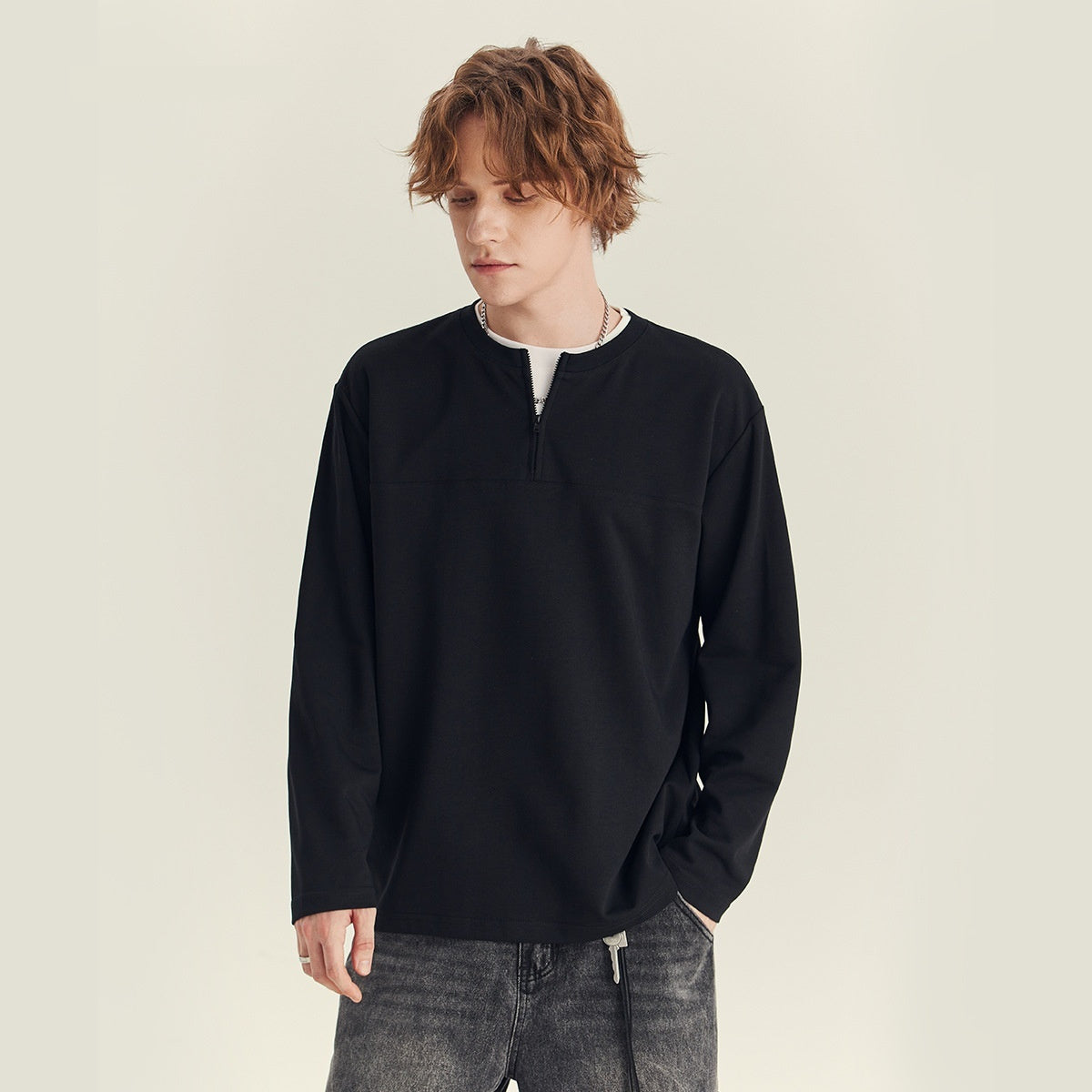 Half Long-sleeve Zipper Men's T-Shirt Autumn High-grade Contrast Color Loose Crew Neck Top