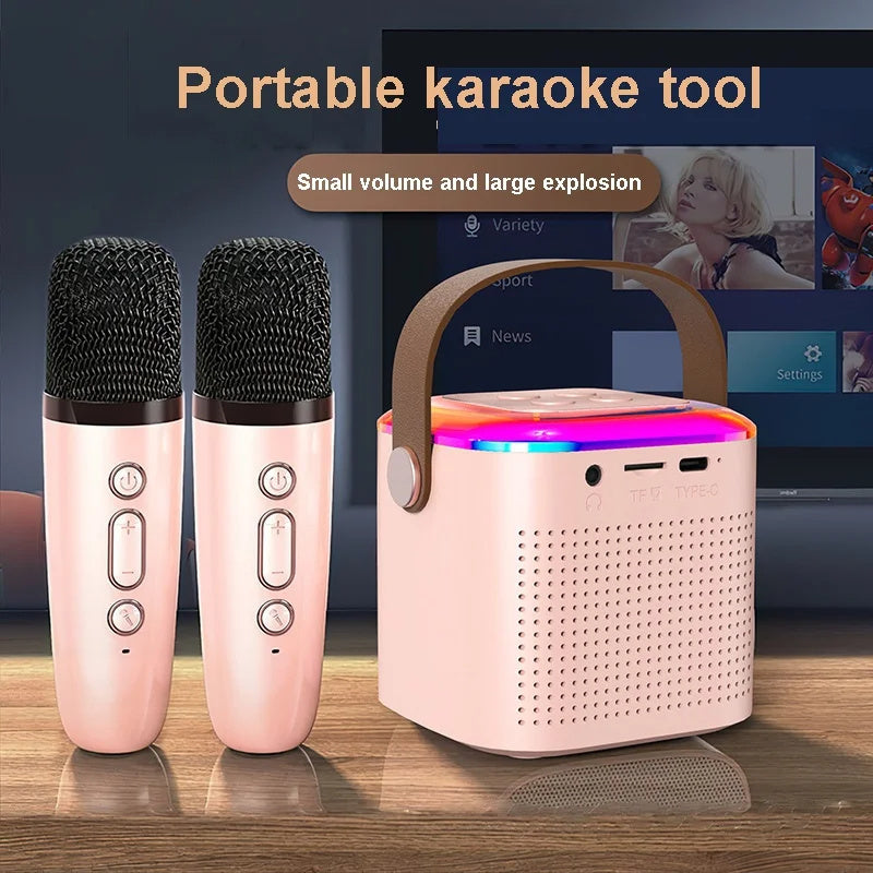Microphone Karaoke Machine Bluetooth Compatible Speaker with 2 Wireless Mics, RGB Light, Home Family Singing Speaker