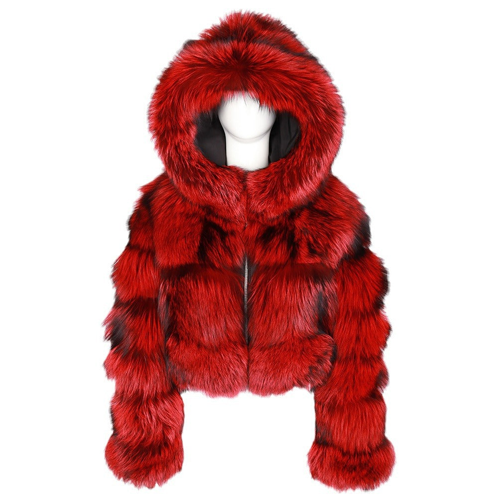 Short Hood Fox Fur Feminino Long Sleeve Stitching Coat