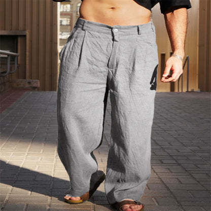 Men's Spring And Summer Linen Pleated Wide-leg Pants Mid-waist Breathable