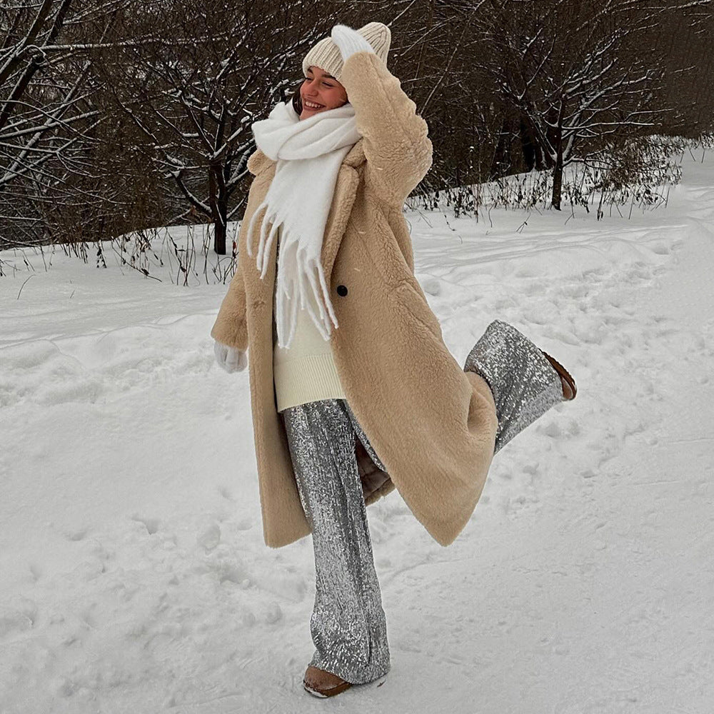 Women's Polyester Long Button Cashmere Coat