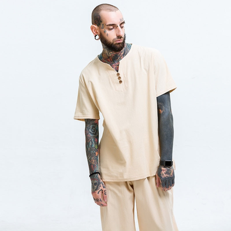 Loose Cotton and Linen Men's T-Shirt