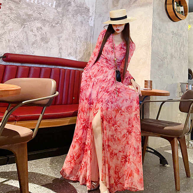 Floral V-neck Pure Desire Split Long Sleeve Dress