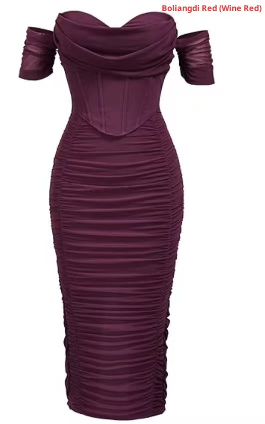Cold-shoulder Bodycon Corset Pleated Mid-length Dress