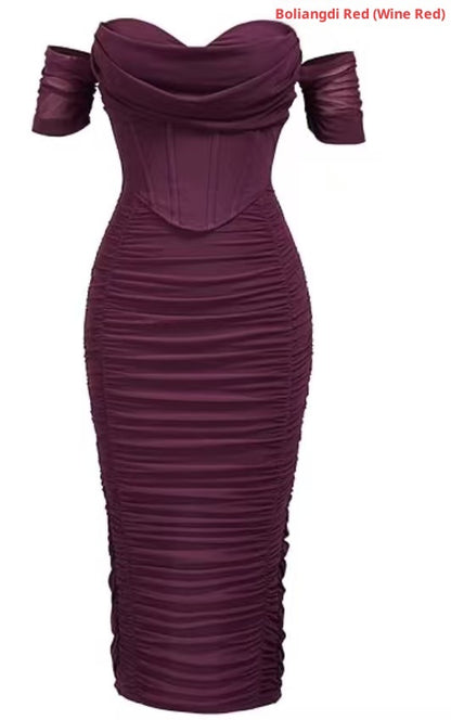Cold-shoulder Bodycon Corset Pleated Mid-length Dress