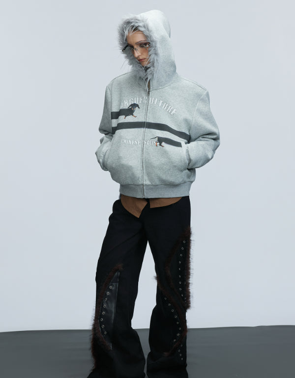 Original Retro Fur Collar Hood Sweater Cardigan Diamond Baggy Coat