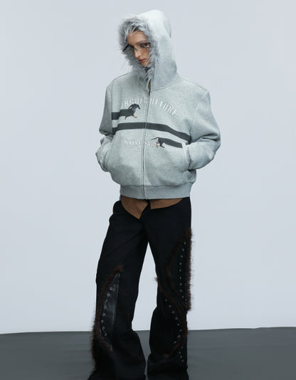 Original Retro Fur Collar Hood Sweater Cardigan Diamond Baggy Coat