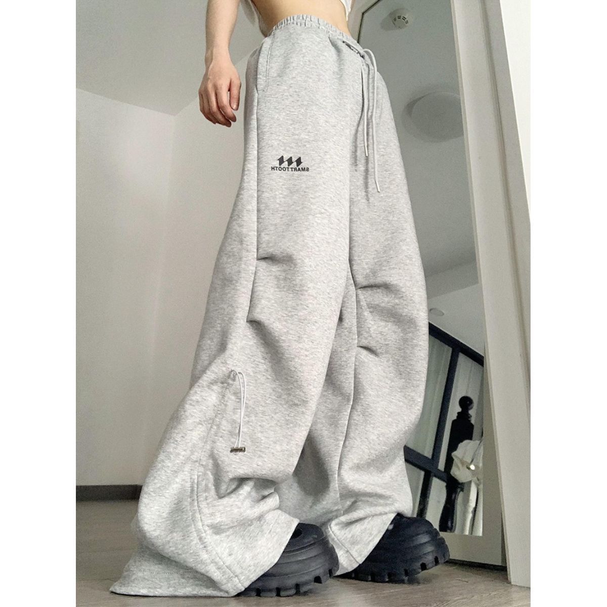American Retro Wide Leg Drawstring Ruffle Design Sense High Street Casual Mopping Trousers