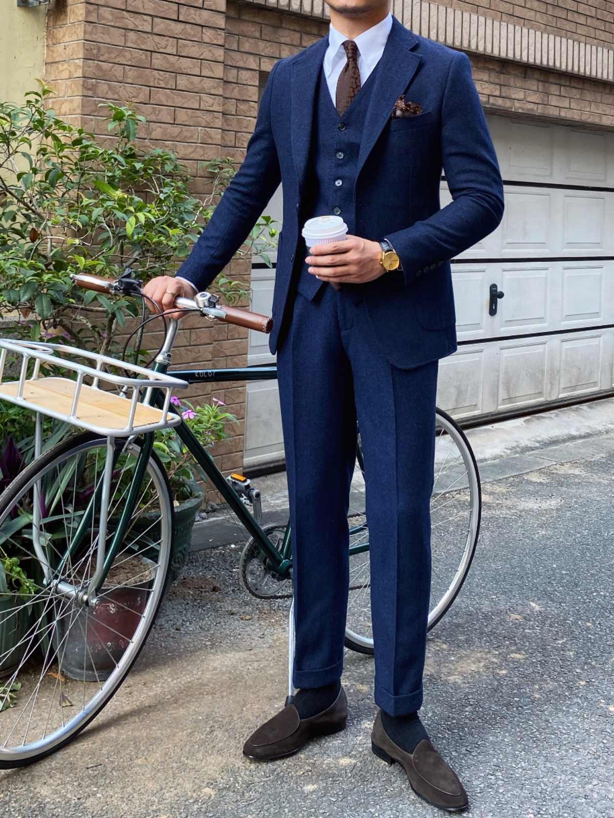 Men's Autumn Winter Retro Herringbone Wool Slim Fit Suits