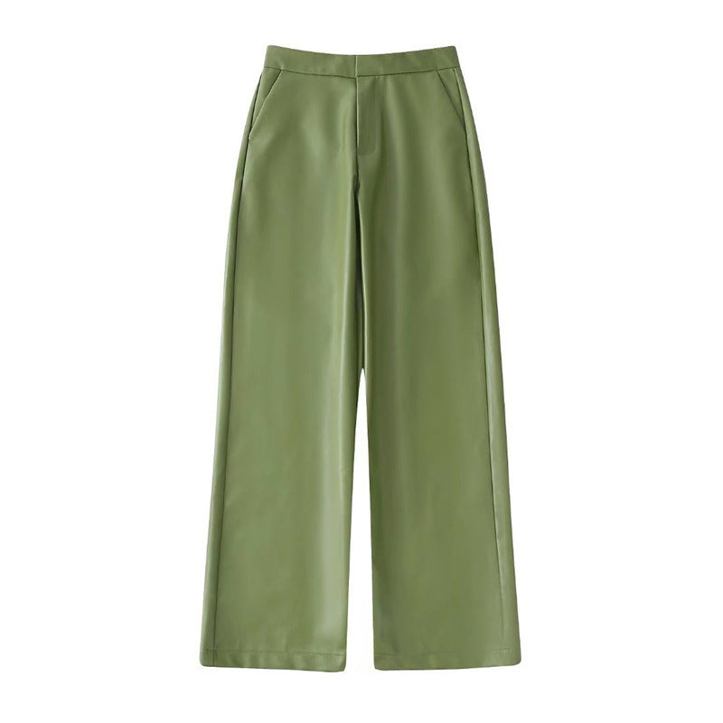 Women Casual Loose Fitting Suit Pants Faux Leather Set