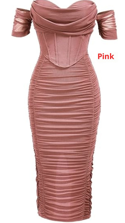 Cold-shoulder Bodycon Corset Pleated Mid-length Dress