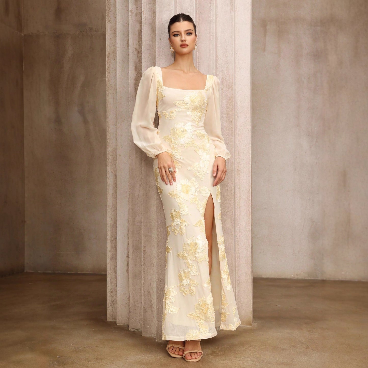 Plate Flower Embroidery Square Collar Slit Banquet Dress