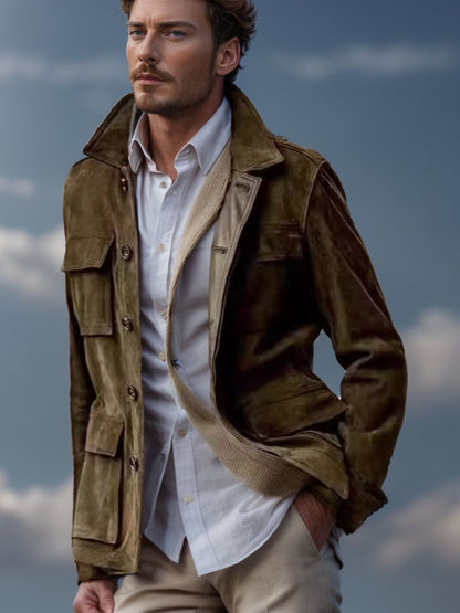 Men's Regular Cowhide Casual Coat And Trench Coat Multi-pocket