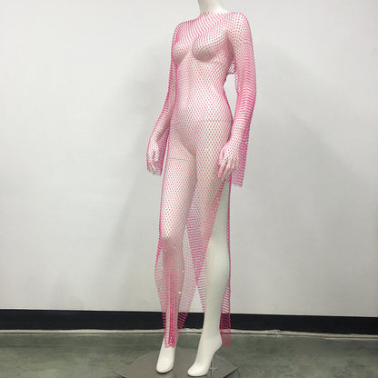 Women's Rhinestone Fishnet Mesh Sexy Slit Fishnet Dress