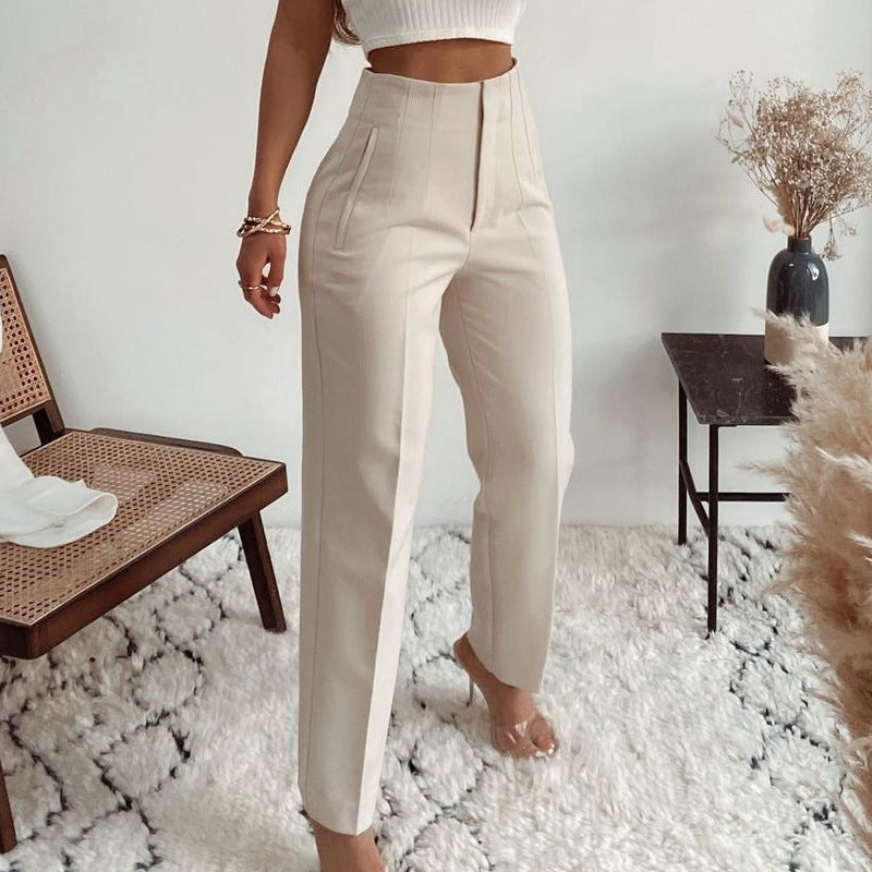 Basic Pleated Casual High Waist Pure Color Slim-fit Pants