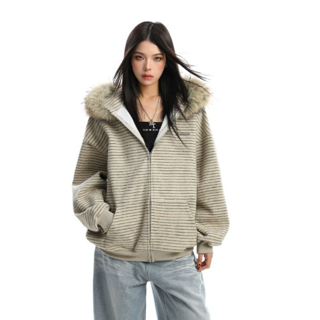 American Striped Detachable Big Fur Collar Hoodie