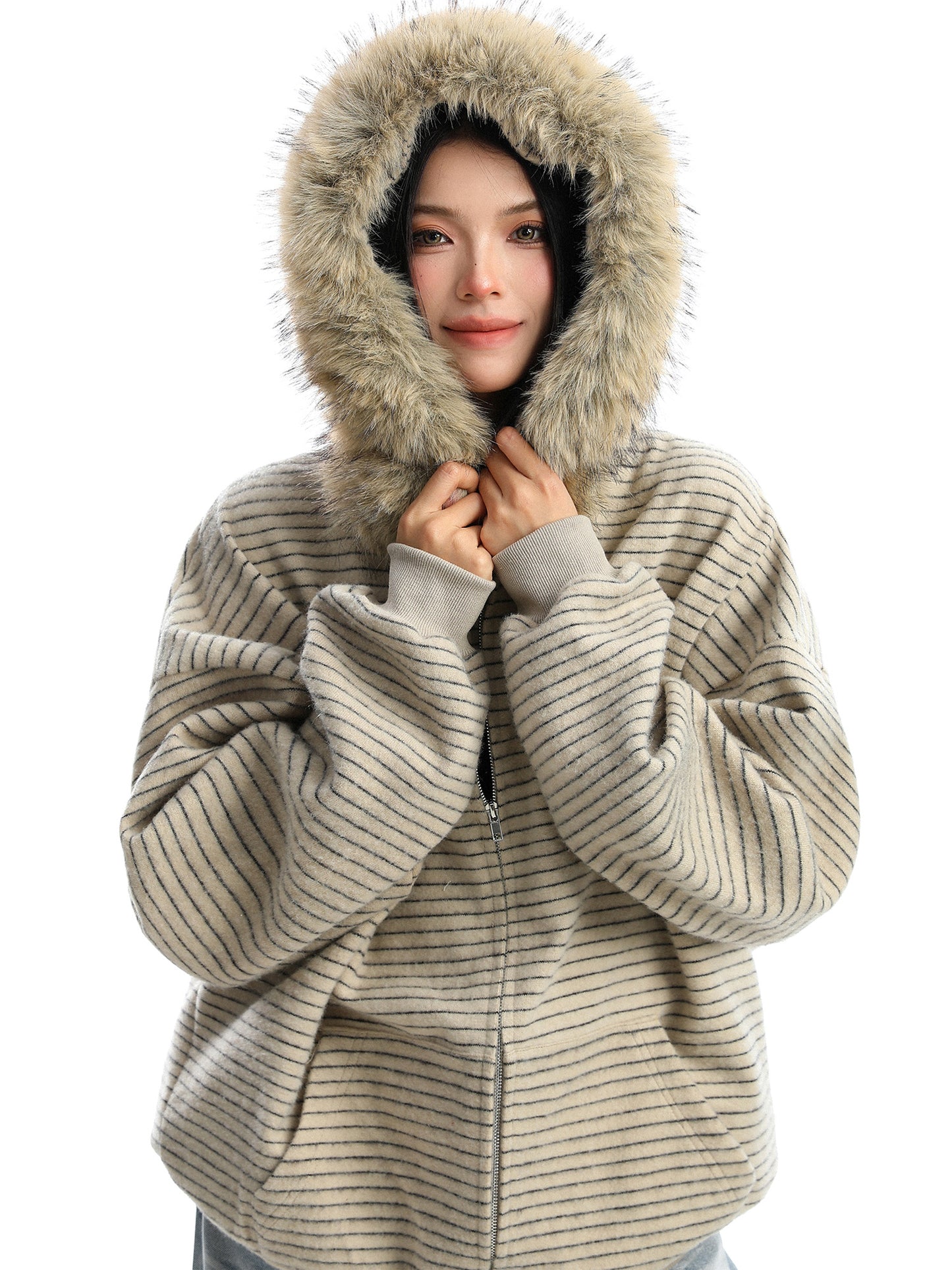 American Striped Detachable Big Fur Collar Hoodie