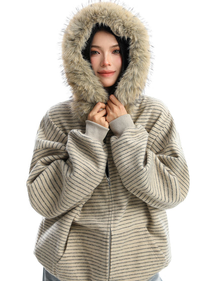 American Striped Detachable Big Fur Collar Hoodie
