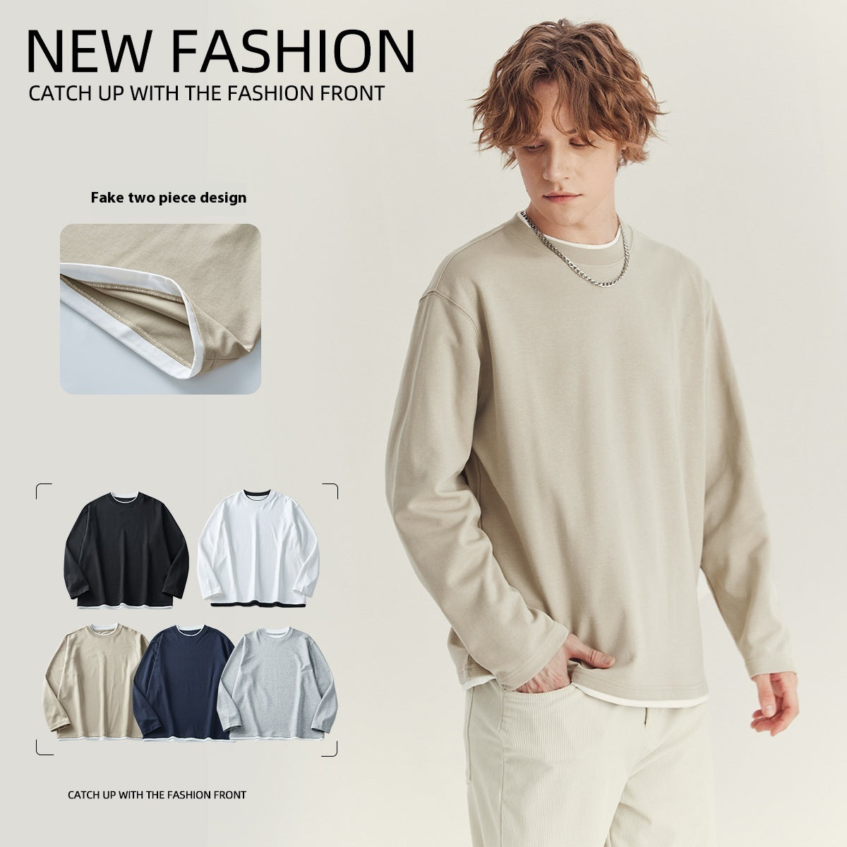 Men's Long-Sleeved Loose Round Neck Contrast Color T-Shirt