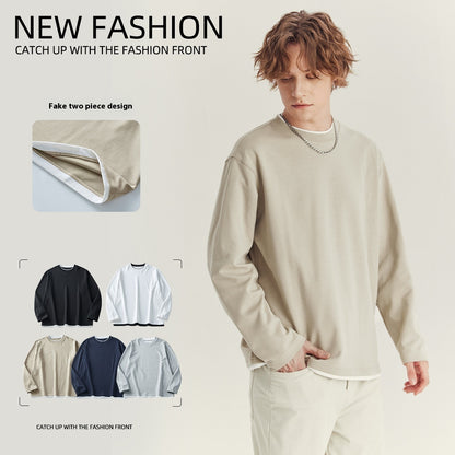 Men's Long-Sleeved Loose Round Neck Contrast Color T-Shirt