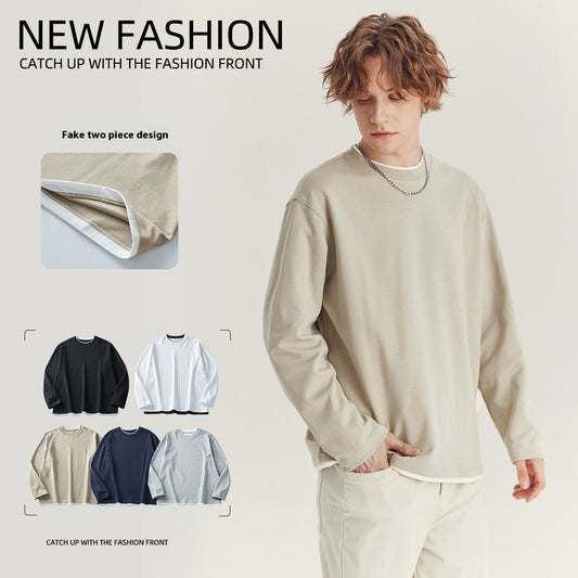 Men's Long-Sleeved Loose Round Neck Contrast Color T-Shirt