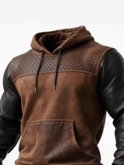 Men's Retro Brown Leather Decorative Perforated Hooded Casual Sweatshirt