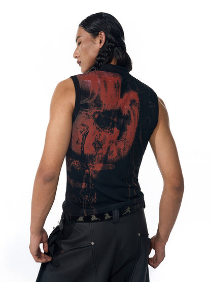 Half Turtleneck Slim-fit Printed Sleeveless T-shirt