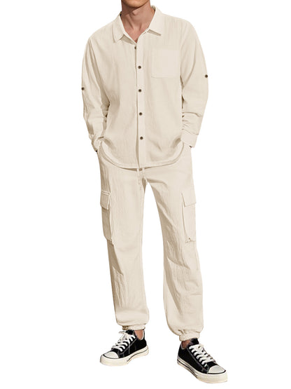 Long Sleeve Lapel Linen Shirt Overalls Suit