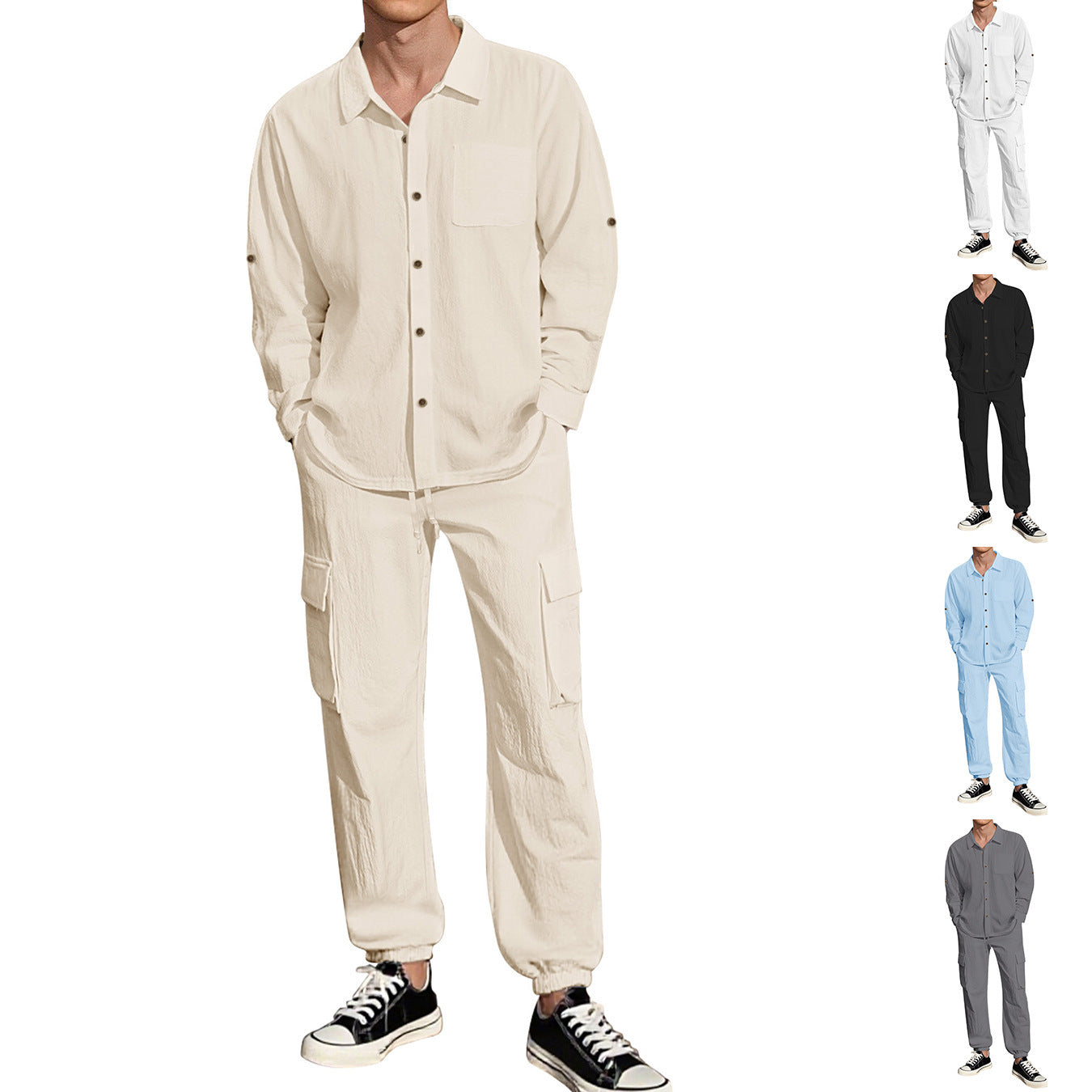 Long Sleeve Lapel Linen Shirt Overalls Suit