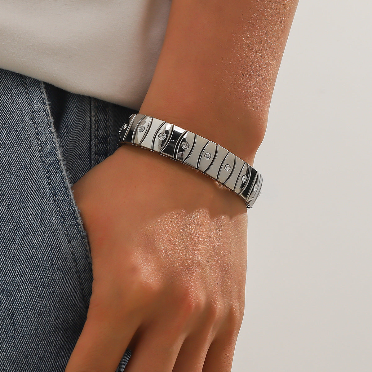 Cold Stainless Steel Diamond Elastic Bracelet for Men