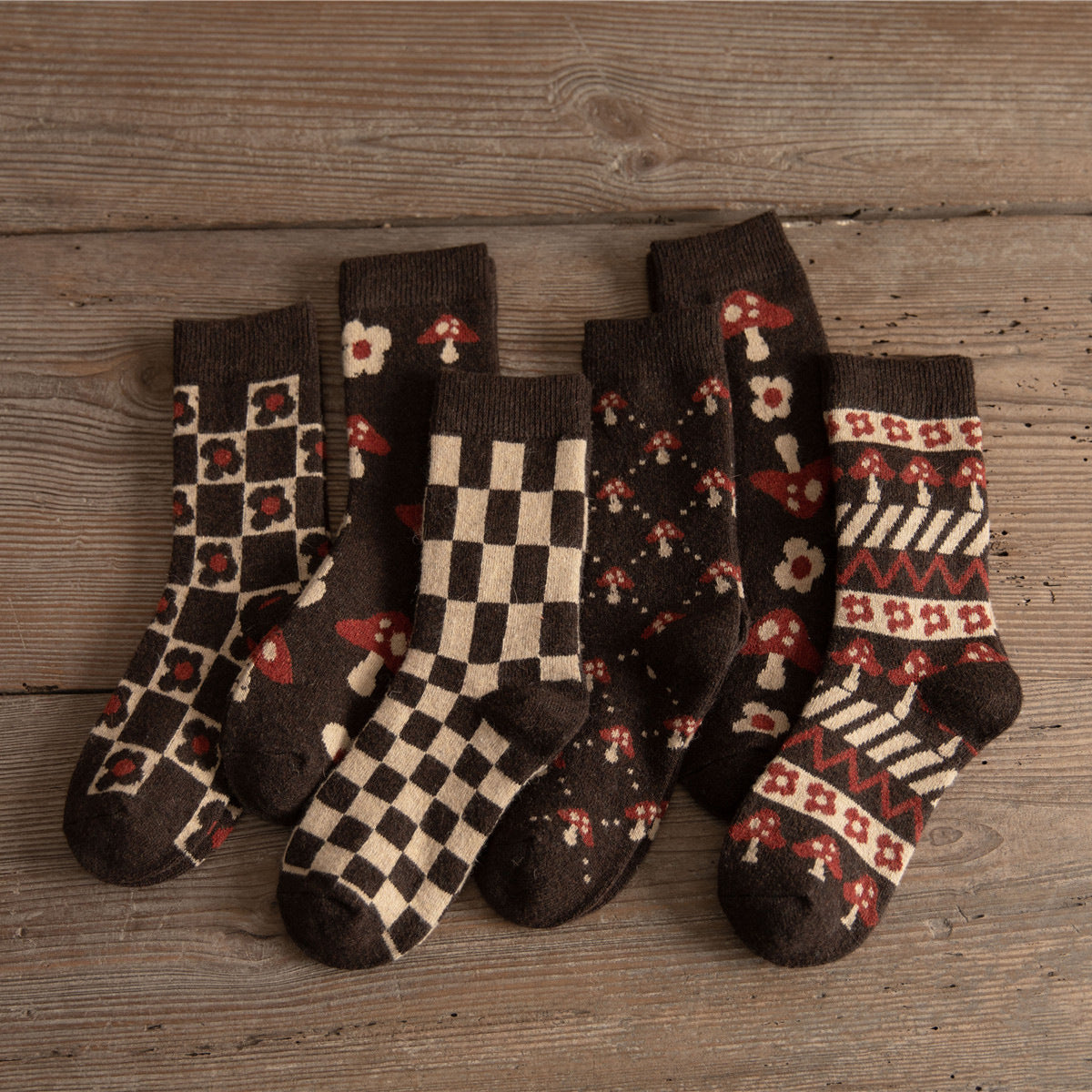 Medium Tube Thickened Brown Mushroom Wool Socks for Women