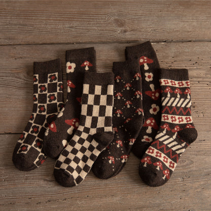 Medium Tube Thickened Brown Mushroom Wool Socks for Women