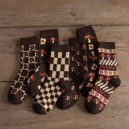 Medium Tube Thickened Brown Small Mushroom Wool Women's Socks