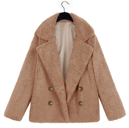 Women's Autumn And Winter Plush Button Lapels Pocket Coat