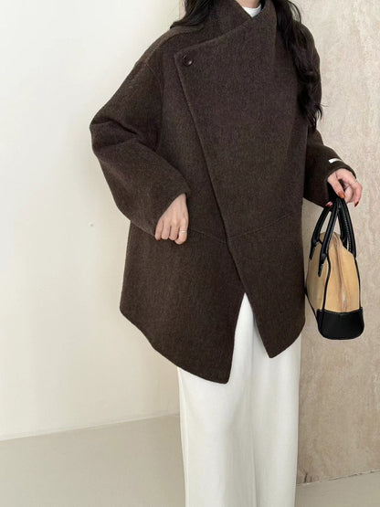 Large Lapel Solid Color One Button Drop-shoulder Sleeve Double-sided Wool Overcoat Coat