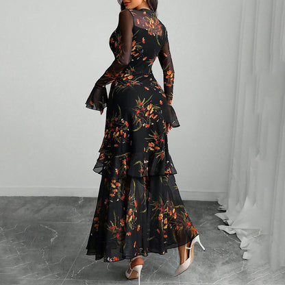 Women's Floral Print Maxi Dress, Sheer Mesh Flare Sleeve With Tiered Ruffle, Romantic Boho Casual Long Dress