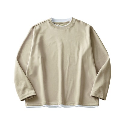 Men's Long-Sleeved Loose Round Neck Contrast Color T-Shirt