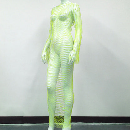 Women's Rhinestone Fishnet Mesh Sexy Slit Fishnet Dress