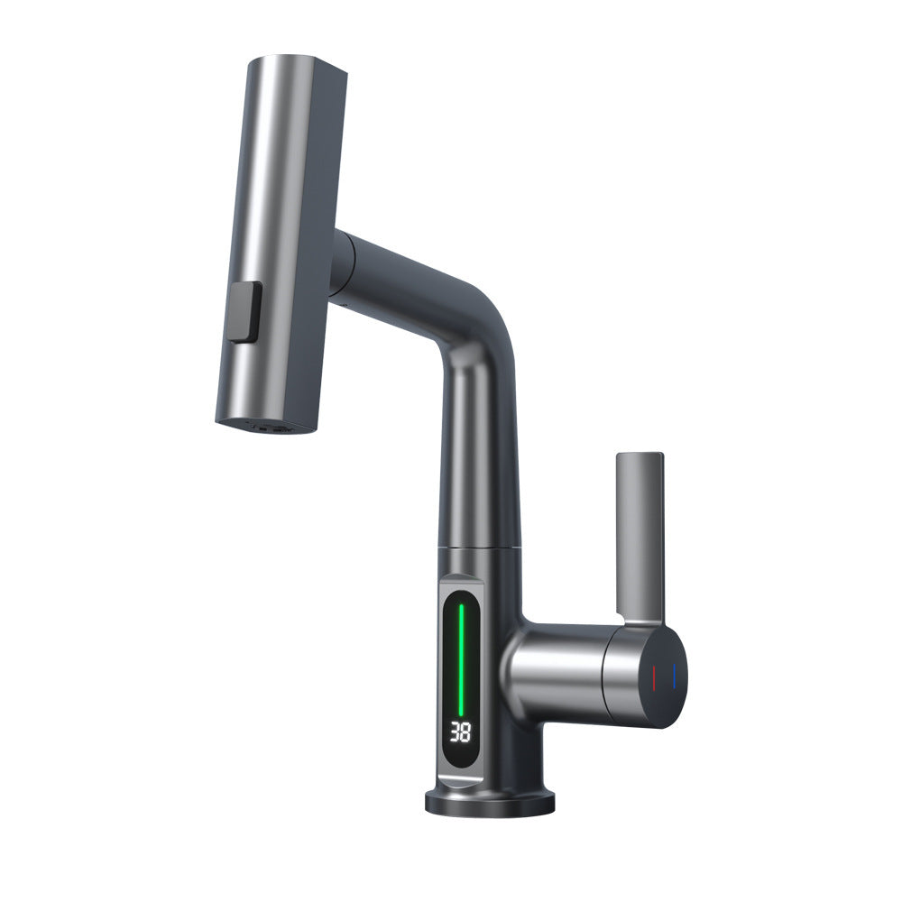 Smart digital display faucet, pull-out basin faucet, temperature digital display, rotation.