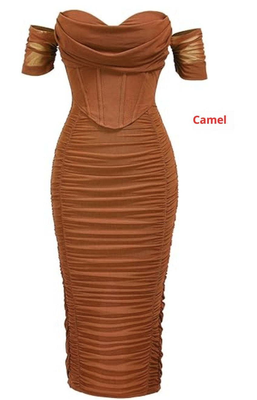 Cold-shoulder Bodycon Corset Pleated Mid-length Dress